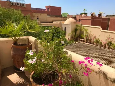 a balcony with plants and flowers on a building at Riad Sahara Nour in Marrakech