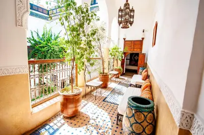a living room with potted plants on a tiled floor at Hotel & Spa Riad Dar El Aila in Marrakech