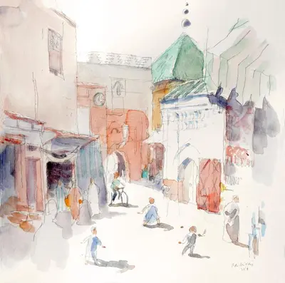 a painting of people playing cricket in a street at Riad Dar Housnia in Marrakech