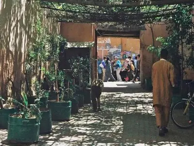 a group of people walking down a street with plants at Riad Dar Marhaba in Marrakech