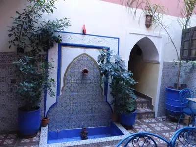 a courtyard with a fountain in a house with potted plants at Riad Jakoura in Marrakech