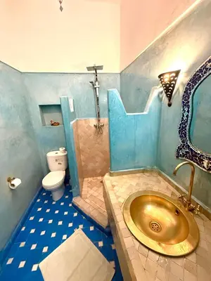 a bathroom with a gold sink and a toilet at Dar Fangui in Marrakech