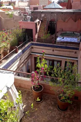 a building with potted plants on the side of it at Riad Turquoise in Marrakech
