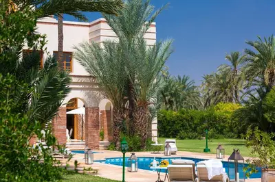 a house with a swimming pool and palm trees at Domaine Rosaroum in Marrakech