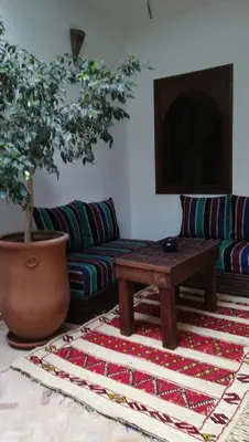 a living room with a couch and a table and a tree at Riad Achwaq in Marrakech