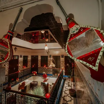 an overhead view of a living room with christmas decorations at Riad dar Assou in Marrakech