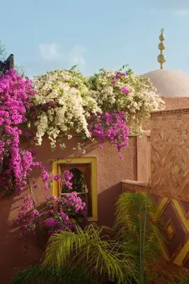 a building with purple and white flowers on it at Riad Noga in Marrakech