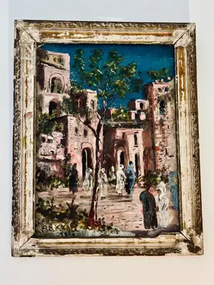 a painting of a building and a tree at Riad Instant T in Marrakech