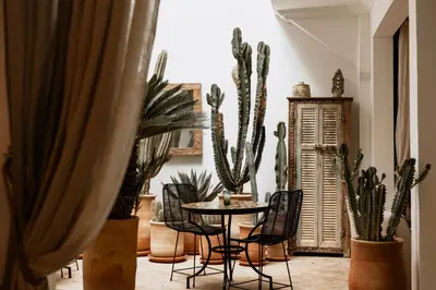 a dining room with a table and chairs and cactus at Riad Instant T in Marrakech