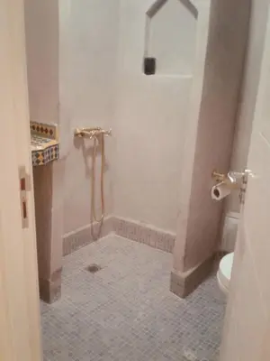 a bathroom with a shower and a toilet at Stylish Moroccan Apartment Gueliz City Centre in Marrakech