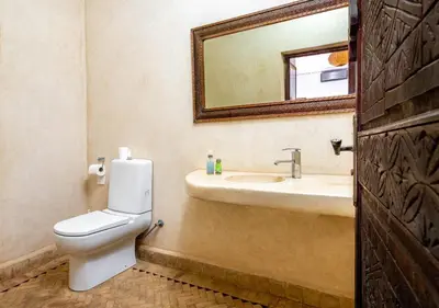 a bathroom with a toilet and a sink and a mirror at Kasbah Alili in Marrakech