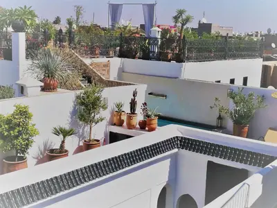 a balcony with potted plants on a white building at Riad Bab aylen - Piscine Roof Top chauffée in Marrakech