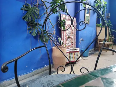 a blue wall with a metal gate with a plant at Dar Rmila 4 in Marrakech