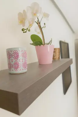 a plant in a pink pot on a wooden shelf at Apt standing 80m2, 2 chambres, terrasse, piscine in Marrakech
