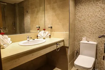 a bathroom with a sink and a toilet and a mirror at LE VOYAGEUR MARRAKECH in Marrakech