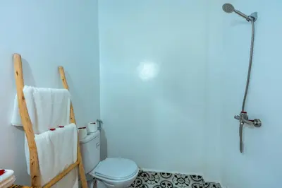a bathroom with a toilet and a towel rack at Riad des remparts Marrakech in Marrakech