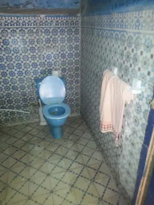 a bathroom with a blue toilet in a room at RIAD DAR KADER chambre saumon in Marrakech