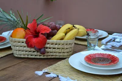 a table with two baskets of fruit on a table at Riad Beata Bed & Breakfast in Marrakech