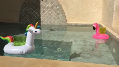 two plastic toy swans in a pool of water at Riad Dar Kasal in Marrakech