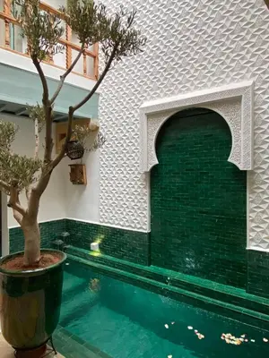 a tree in a pot next to a swimming pool at Riad 7 Saints in Marrakech