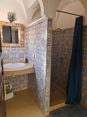 a bathroom with a sink and a shower at Riad BAB ALMADINA in Marrakech