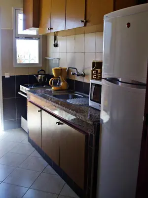 a kitchen with a white refrigerator and a sink at Appartement Aïda in Marrakech