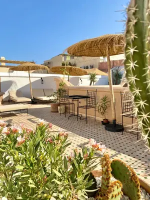 a patio with a table and chairs and a cactus at Riad Le Pèlerin in Marrakech