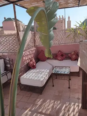 a couch on a patio with a plant at Riad Mina in Marrakech