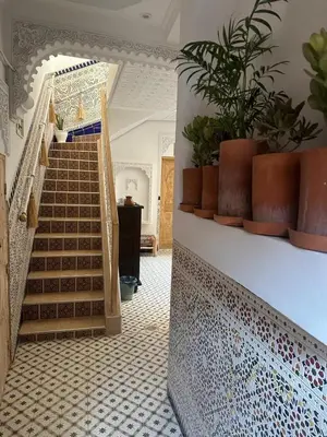 a hallway with stairs and potted plants on a wall at RIAD RIME QOUSSAI in Marrakech