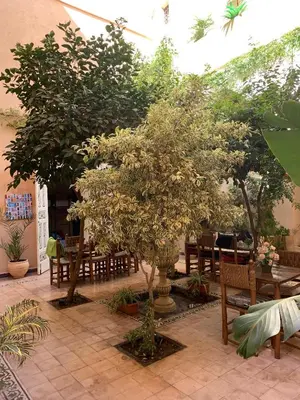 a patio with trees and tables and chairs and tables at Hostel Laksour in Marrakech