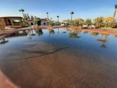 a large pool of water in a courtyard at Le Parc des Oliviers Ecolodge in Marrakech
