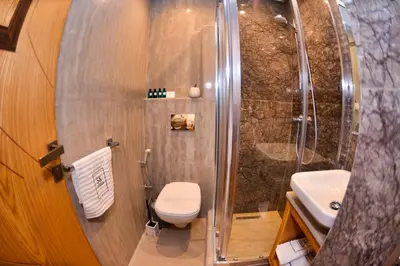 a bathroom with a shower and a toilet and a sink at Appartement de prestige climatisé à l'hivernage 400m de la Gare in Marrakech