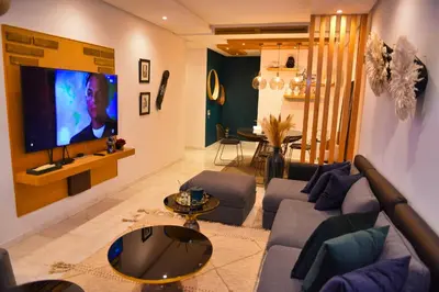 a living room with a couch and a tv at Appartement de prestige climatisé à l'hivernage 400m de la Gare in Marrakech
