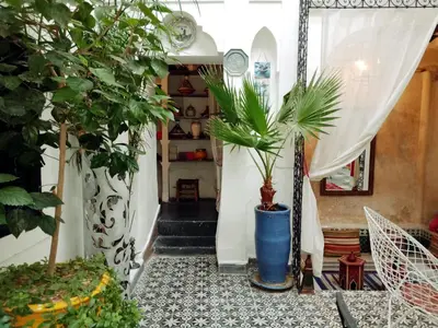 a hallway with potted plants in a house at Riad Gaya in Marrakech