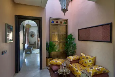 a hallway with a living room with a couch at Villa Tilila in Marrakech
