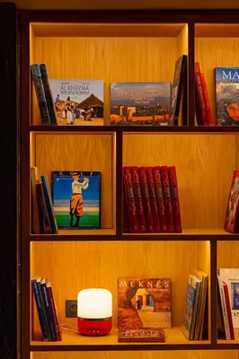 a book shelf filled with lots of books at Hotel Jadali & Spa in Marrakech