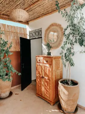 a room with a wooden cabinet and a potted plant at Riad Nanou - Private Riad with Pool & Rooftop in Marrakech