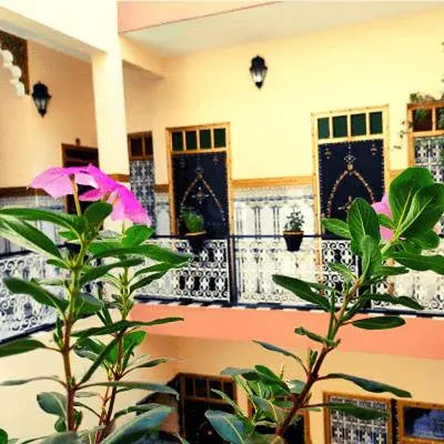 a room with two plants in front of a building at Hotel Zagora in Marrakech