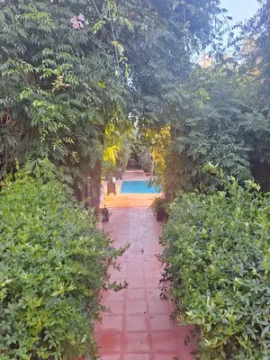 a garden with a pathway with a pool in the distance at Beldicolors in Marrakech