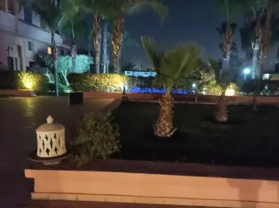 a park at night with palm trees and lights at Le soleil de Marrakech in Marrakech
