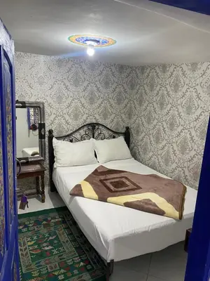 a bedroom with a large bed with a bedspread with a painting at Hostel Essassi 23 in Marrakech