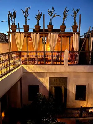 a balcony with potted plants on top of a building at RIAD MAGIE Boutique Hotel in Marrakech