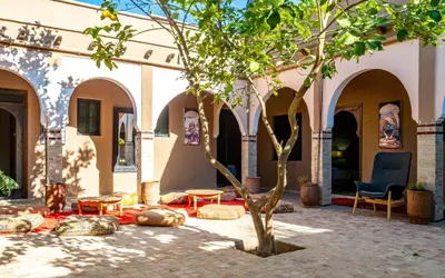 a building with a tree and a chair in a courtyard at Riad Citronnelle in Marrakech