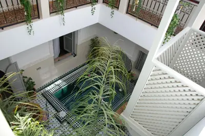 an overhead view of a staircase in a building with plants at Riad Magnolia&SPA in Marrakech