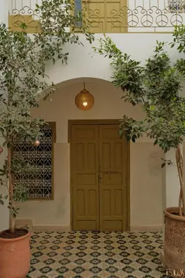 a hallway with a door and two potted trees at Riad Yu Yu in Marrakech