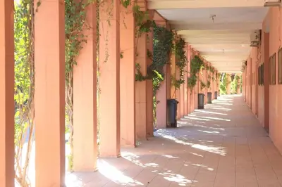 an empty hallway of a building with plants on the walls at Riad Sofia signature in Marrakech