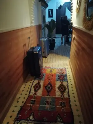 a hallway with two suitcases and a rug on a floor at Riad 9 Derb El Bousnne in Marrakech