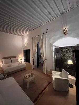 a living room with a bed and a couch at RIAD ENNAFOURA BOUTIQUE HOTEL in Marrakech
