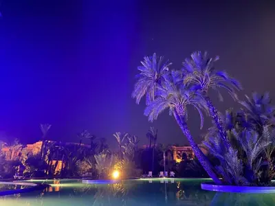 a swimming pool with palm trees at night at Palmeraie 5 Vue Piscine et Jardin in Marrakech