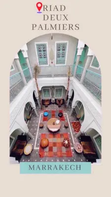 a magazine cover of a hall with a table in a room at Riad Deux Palmiers in Marrakech